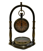 Brass Table Watch Clock on Compass Base Antique Look Desk Office Christmas Gifts - $35.01