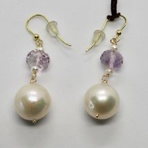 SOLID 18K YELLOW GOLD EARRINGS WITH BIG WHITE PEARLS AND AMETHYST MADE IN ITALY image 5