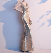 Women Gold Sequin Dress Cap Sleeve High Slit Sequin Maxi Wedding Dress,Plus Size image 3