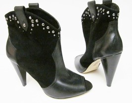 REBA Ankle Boots Shoes Booties Suede Leather Hi Heel Studded Pull On Bla... - $39.73