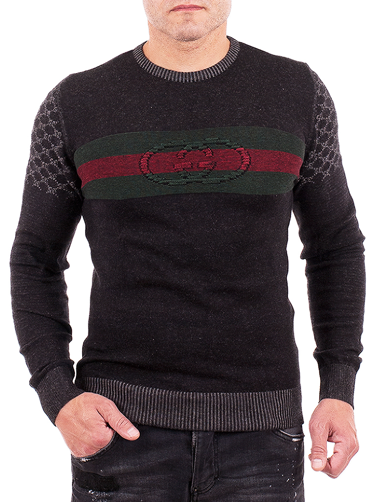 Mens Black Cotton Crewneck Gucci Front Stripe Sweater Size Small