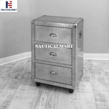 Aviator Aluminum Studded 3 Drawer Bedside Cabinet - Aviator Bedside Stool