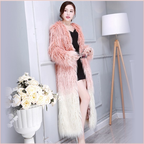 Shaggy Gradual Pink Long Hair Mongolian Sheep Faux Fur Long Length Winter Coat