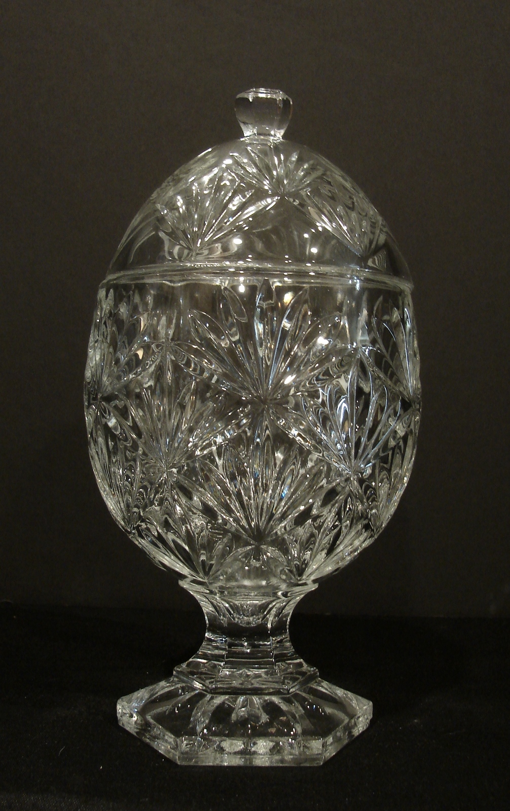 Cut Glass CANDY DISH with Lid Crystal Egg Shape Diamond Fan Pattern Crystal