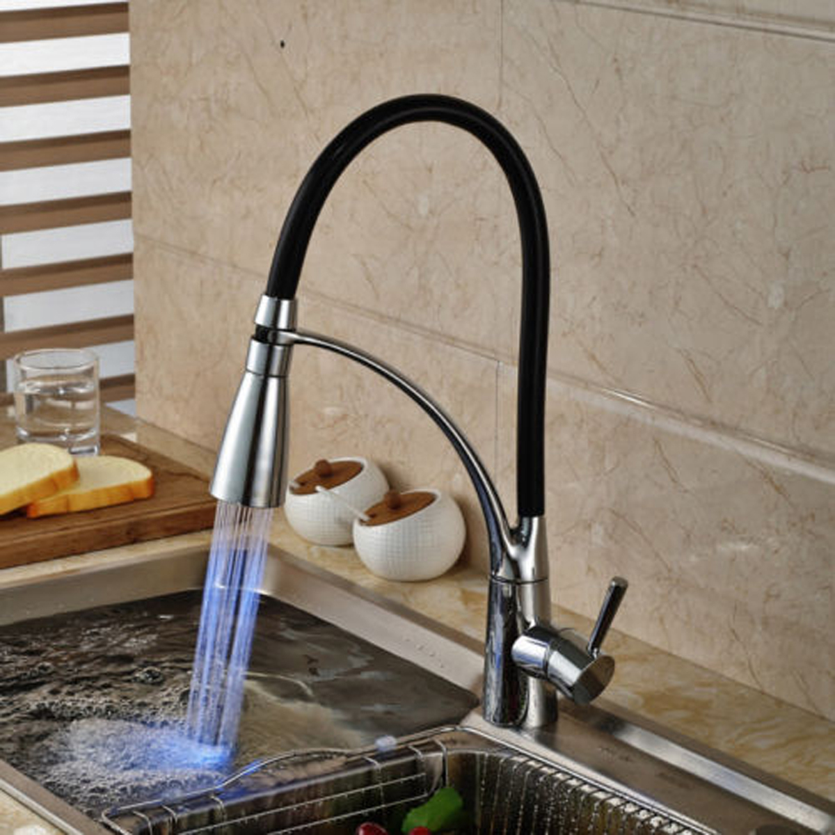 LED Kitchen Sink Faucet Black Chrome Plated Cold Hot Pull Out Spray