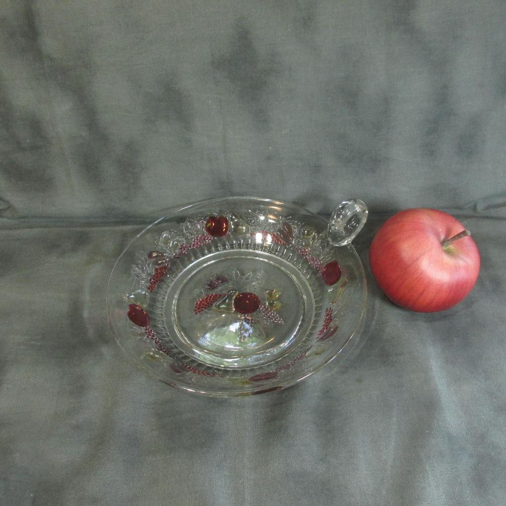 Vintage Handled Goofus Glass Fruit Dish, Cherries & Grapes, Dugan Glass