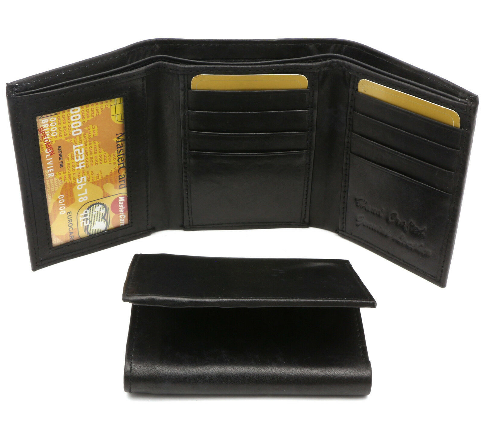 Trifold Genuine Leather Black Plain Compact Wallet With Zipper Currency