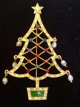 Avon Christmas Tree Brooch 2005 2nd Annual Gold Tone Multicolored Stones - $17.50
