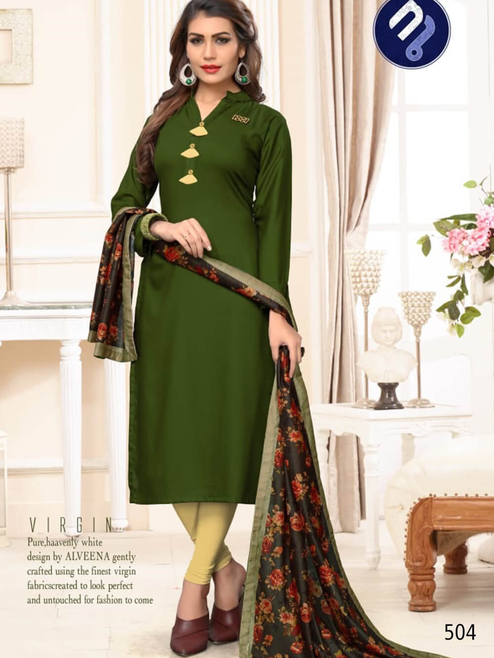 504 Olive Green Designer Rayon L Size Stitched Kurti with Dupatta - Dresses