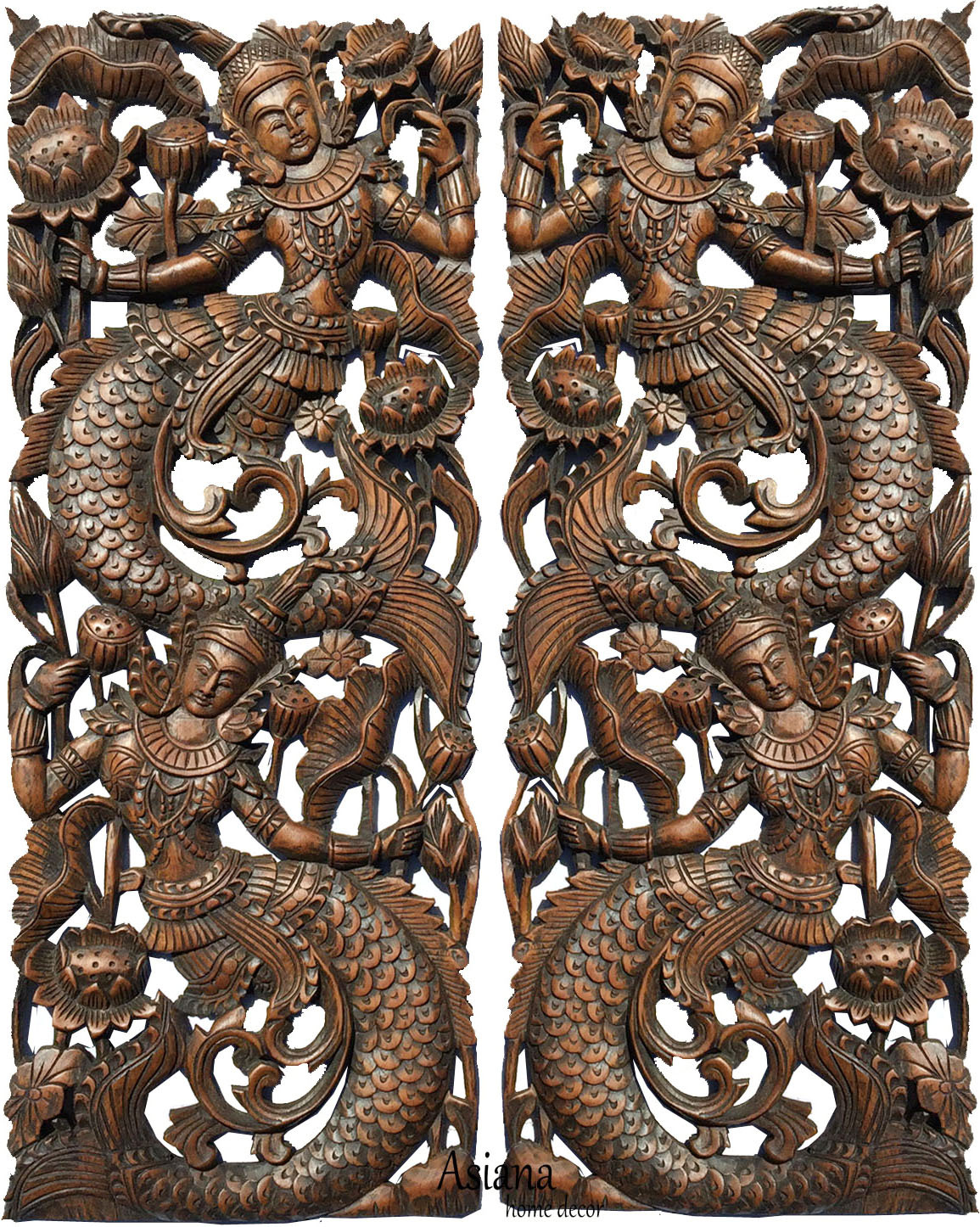 Asiana Home Decor Traditional Thai Figure Carved Wood Wall Panels Dark