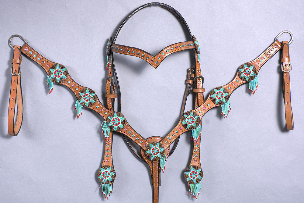 WESTERN LEATHER HORSE BRIDLE HEADSTALL BREAST COLLAR BEADED TASSEL