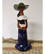 Woman Statue Handmade Clay Baked Pottery Green hat blue dress - $120.00