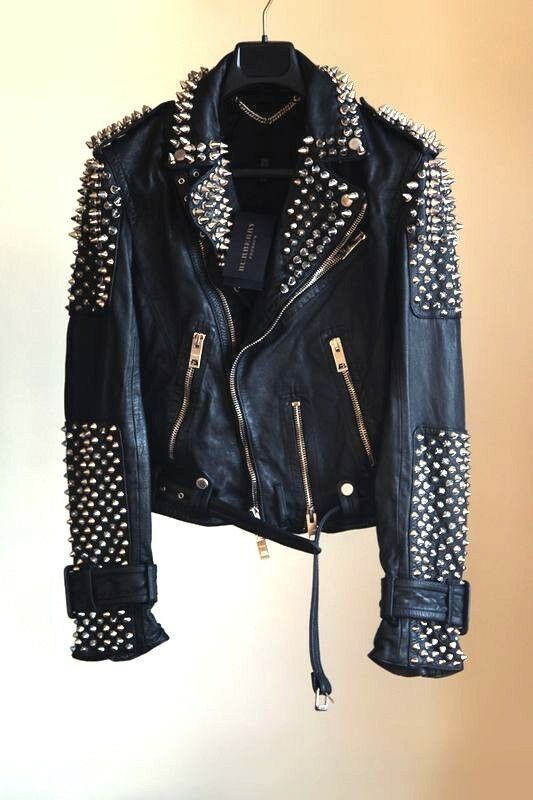 Men SILVER Studded Leather Jacket Biker Belted Front Zipper Design Party Club