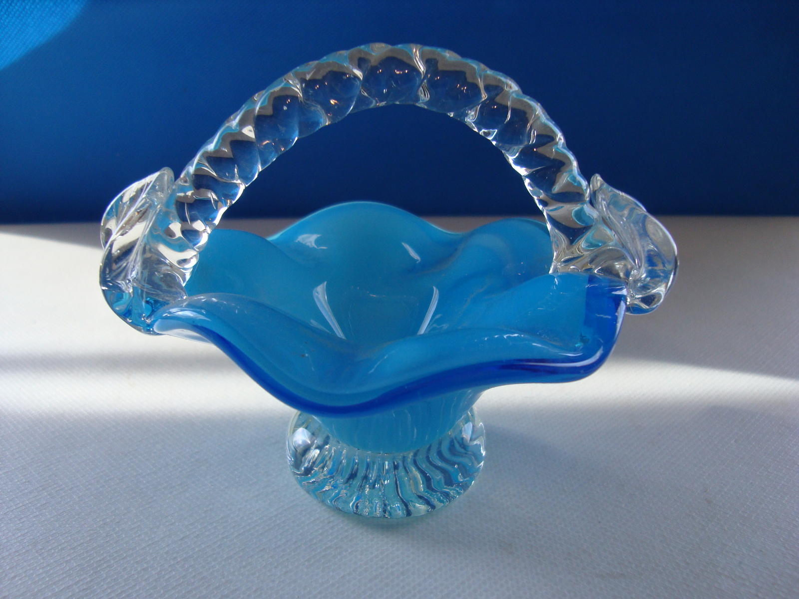 Primary image for Handcrafted Blue to clear brides mini glass basket.