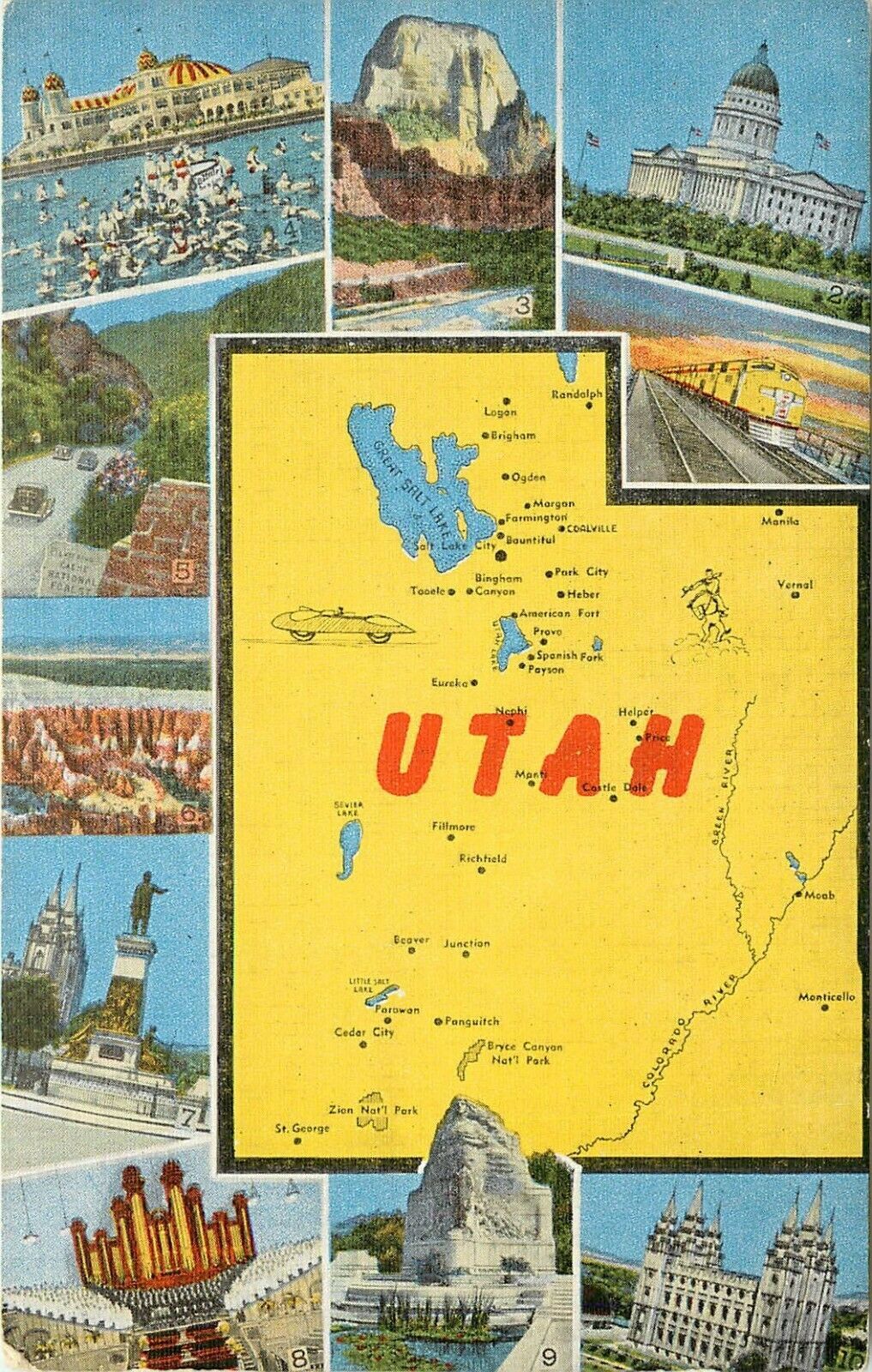 Linen Multiview Postcard; Map of Utah Points of Interest EC Kropp ...