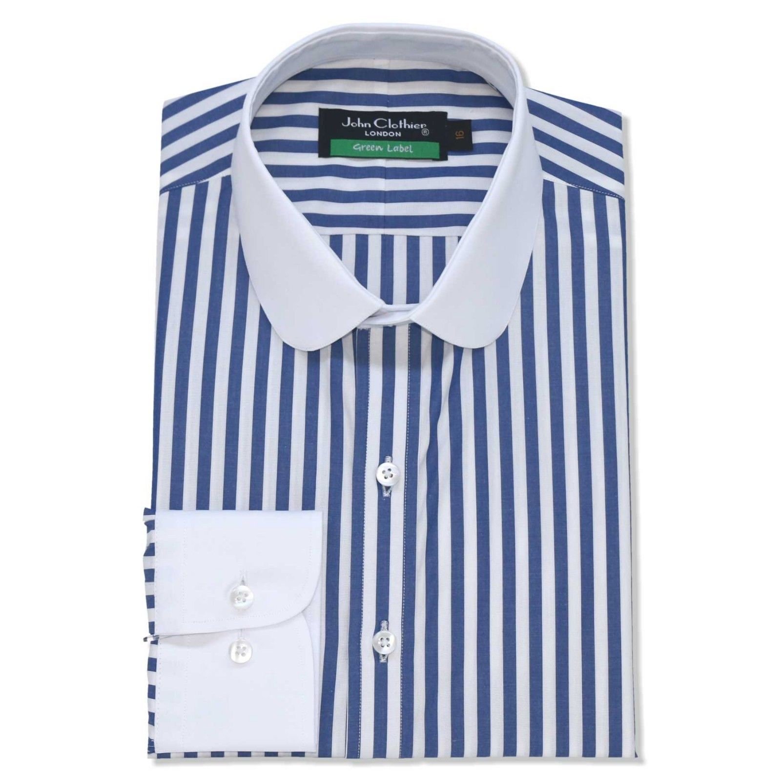 Penny collar Men Peaky Blinder shirt Navy Blue White stripes Round Club ...