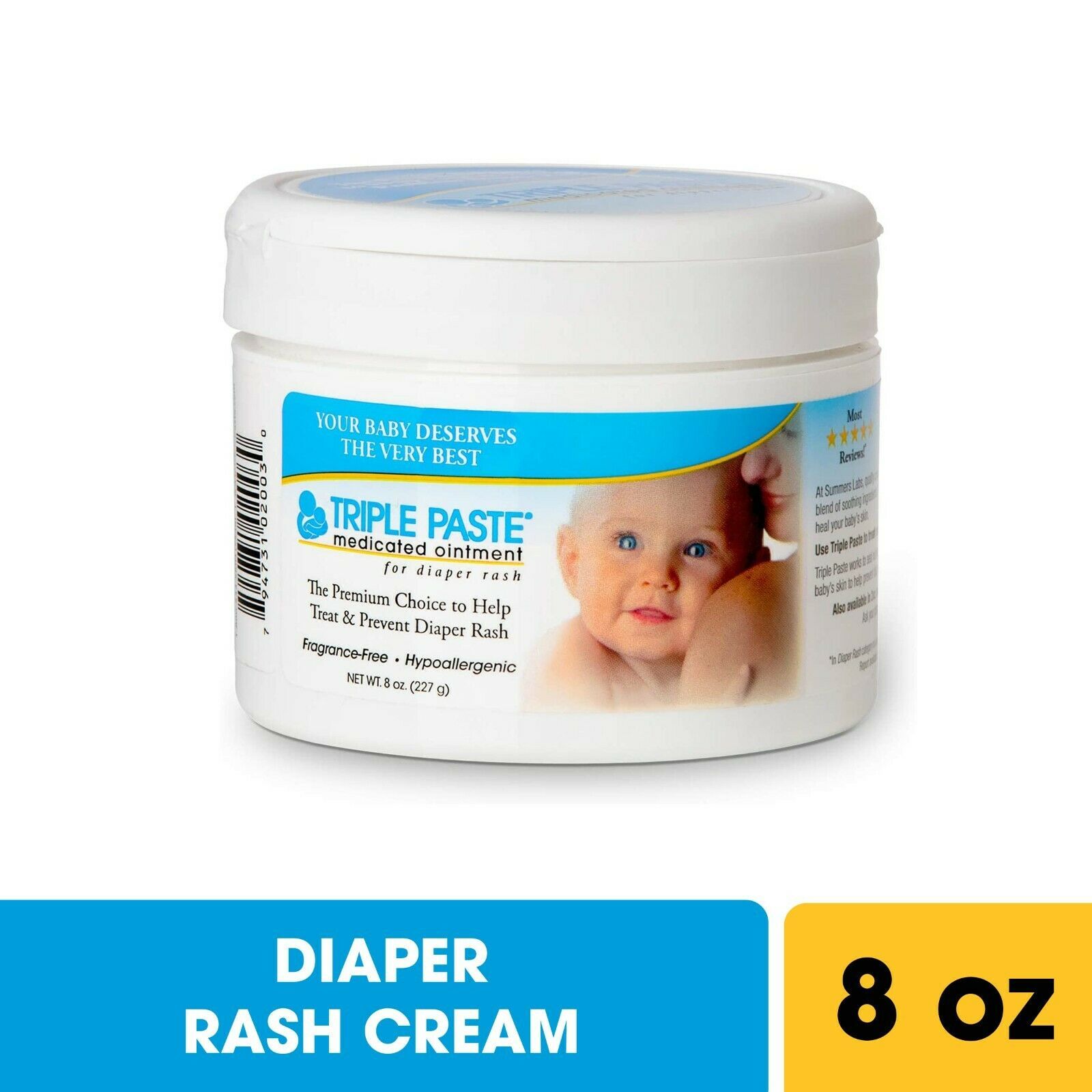 Triple Paste Diaper Rash Cream, Hypoallergenic Medicated Skin Ointment 8 oz. + Skin Care