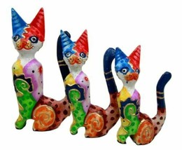 Balinese Wood Handicrafts Tropical Colors Feline Cat Family Set of 3 Fig... - $26.99