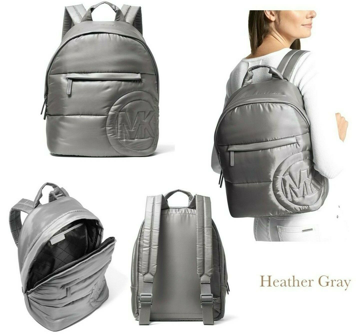NWB Michael Kors Rae Medium Quilted Nylon Gray Backpack 35F1U5RB2C $368 Dust Bag