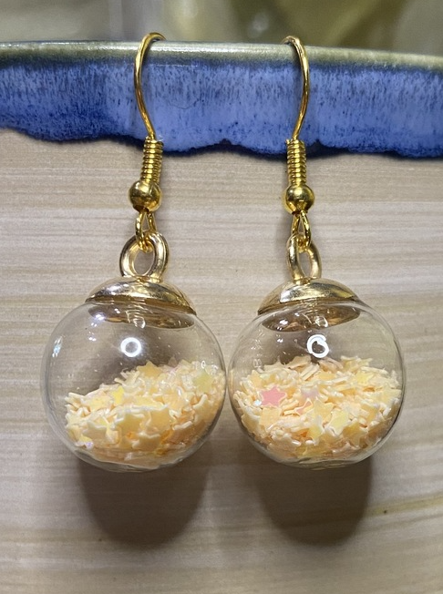 Peach Glass Star Orb Dangle Earrings Iridescent Confetti Glitter Cream