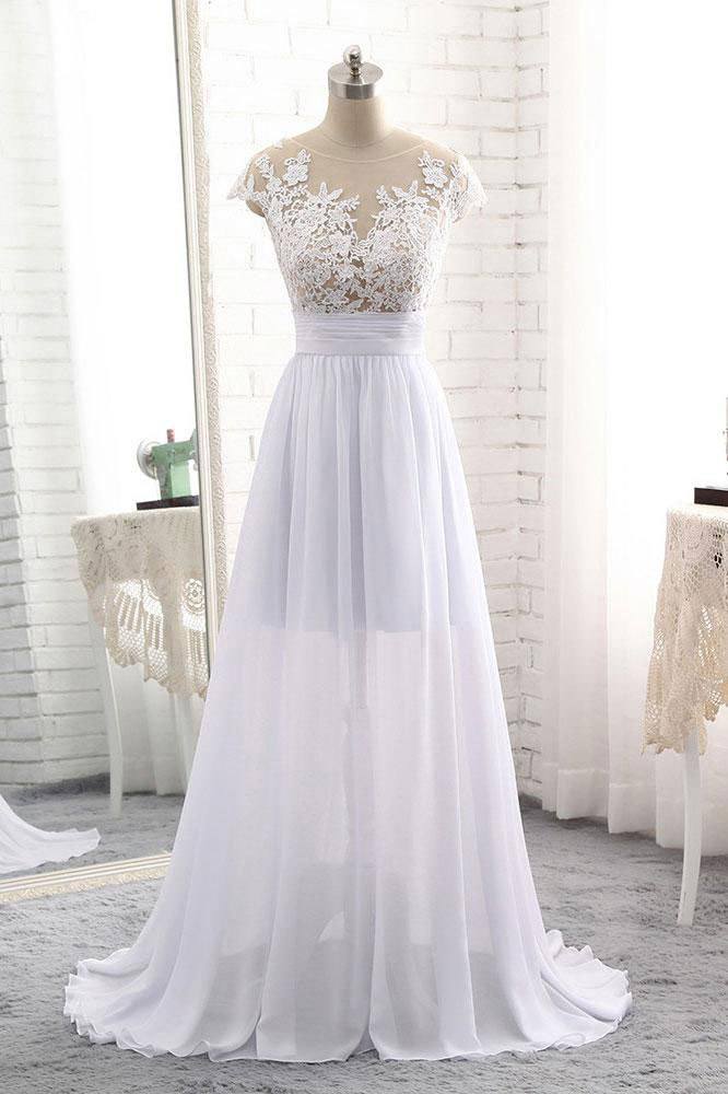 Elegant Chiffon Appliques Lace White Wedding Dresses Bridal Dress with a Train