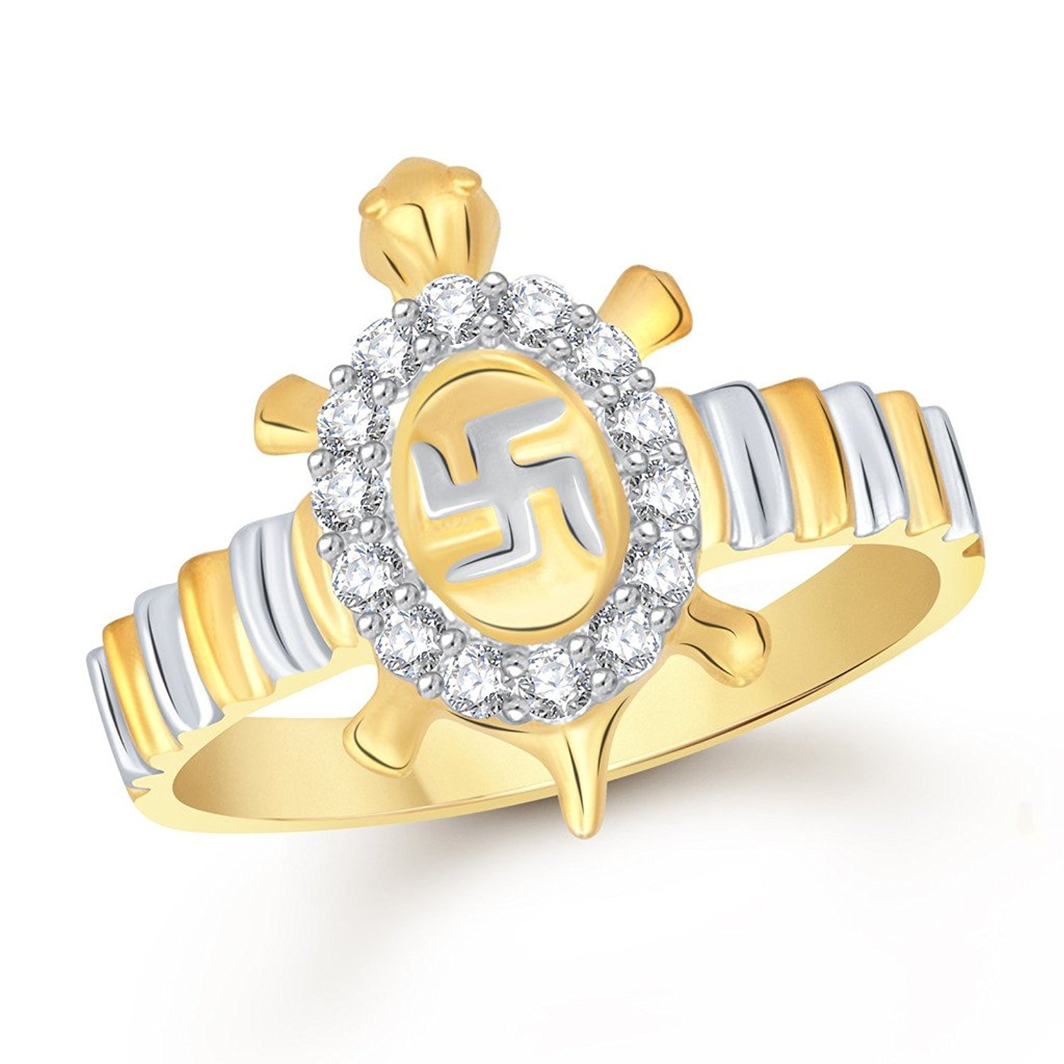 Lovely Two Tone Gold Over Silver Swastik Tortoise & Diamond Fashion Fancy Ring