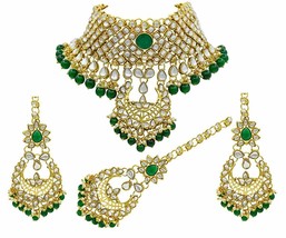 Maharani Kundan Choker Half Bridal Necklace set Green Women Earrings Tikka A799 - $39.59