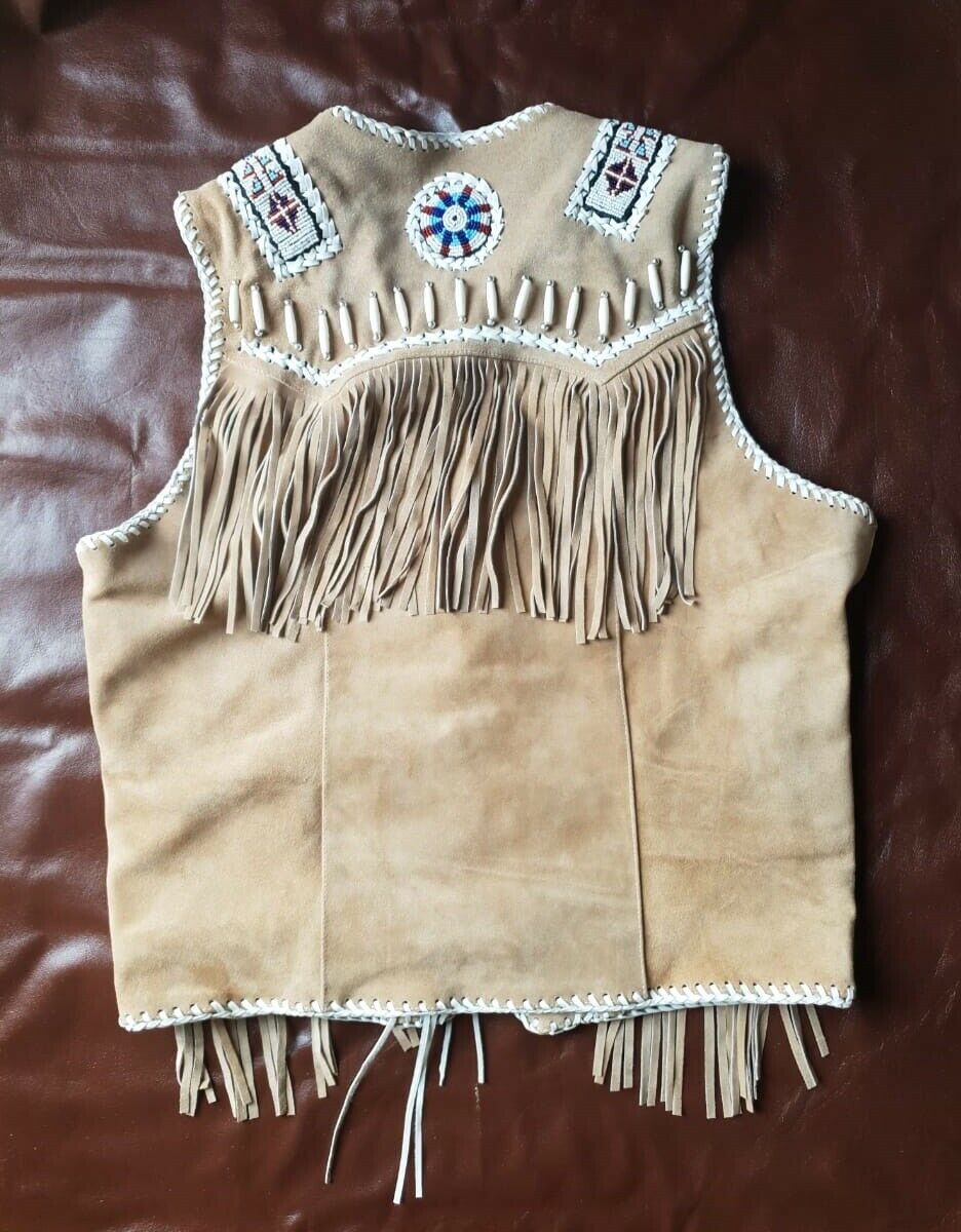 Men's Native American Western Beige Suede Leather Fringe Vest Beads ...