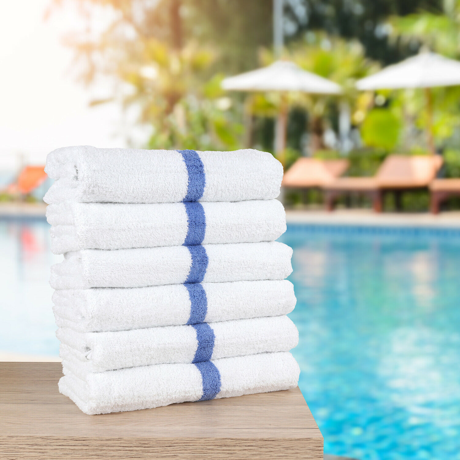 Striped Cotton Pool Towels - Bulk Value 12 Pack - 22 x 44 - White w ...