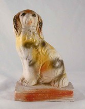 Old Painted Chalk Dog Figurine Spaniel on Book Sitting on Hind With Head... - $150.00