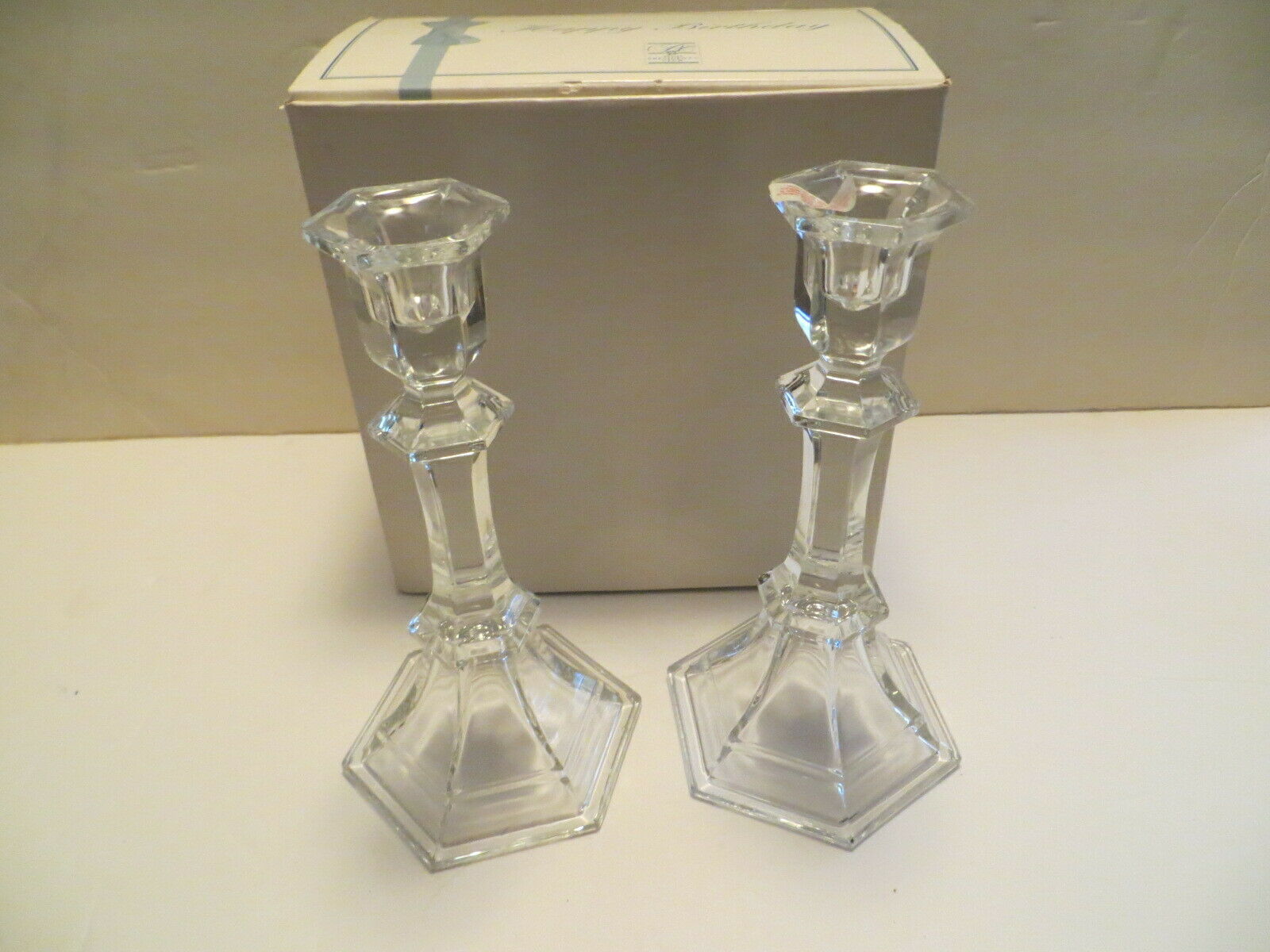 Primary image for Avon President's Club Happy Birthday Candle Holders, 24% Full Lead Crystal, Set 