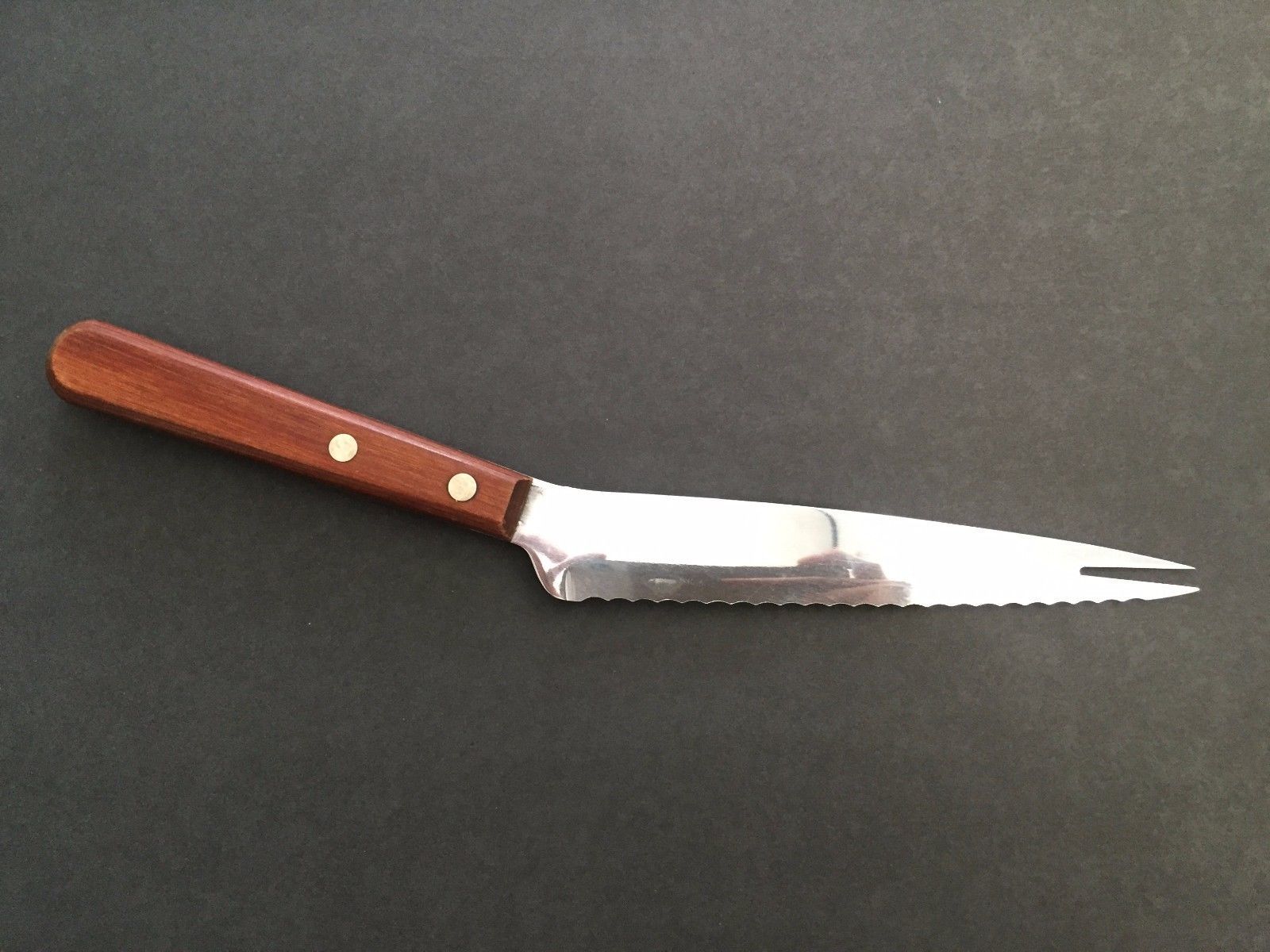 Vintage Mid Century Ekco Stainless Vanadium Angled Serrated Knife Wood