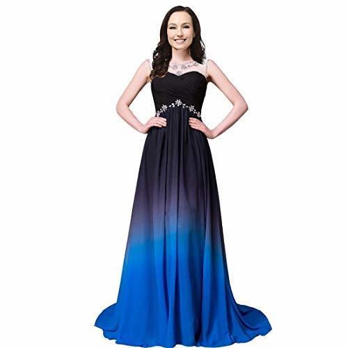 Kivary Plus Size Bateau Beaded Long Ombre Formal Prom Evening Dresses Black Blue