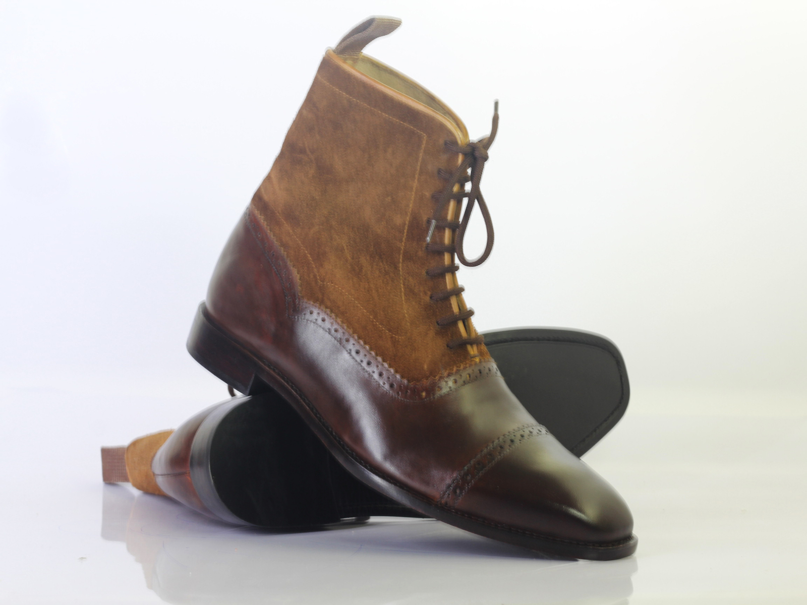 Handmade Men Brown Cap Toe Leather Suede Ankle Lace Up Boots, Men Designer Boots