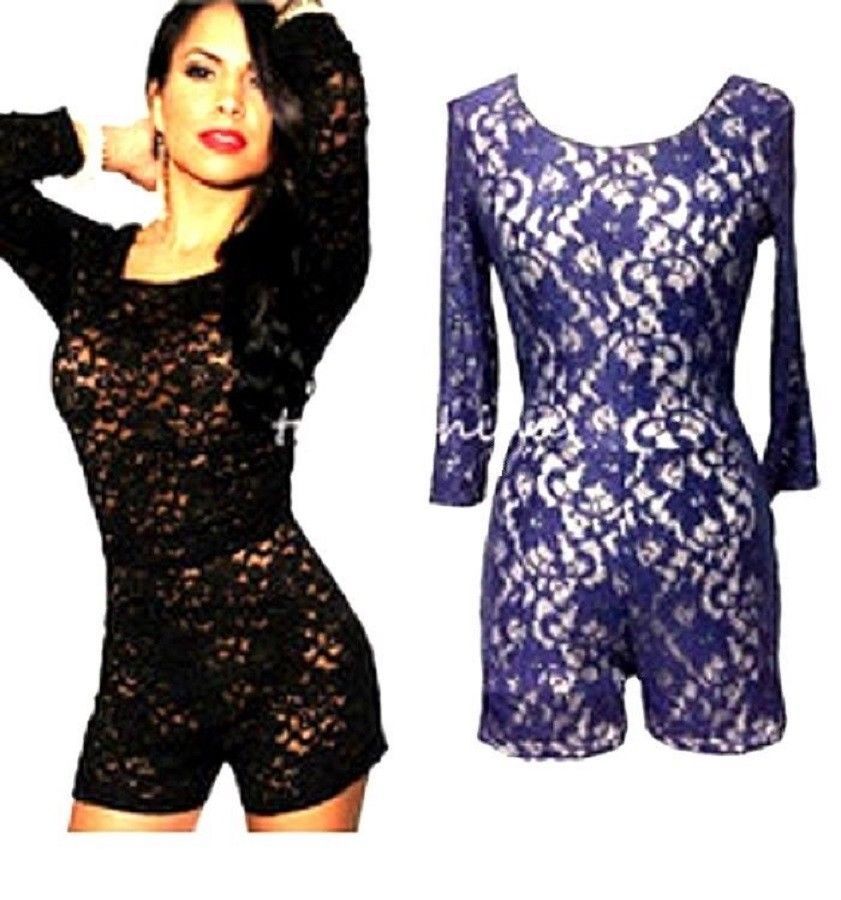Women Sexy All Lace 3/4 Sleeve Open Back Romper Dressy Party Shorts L 8