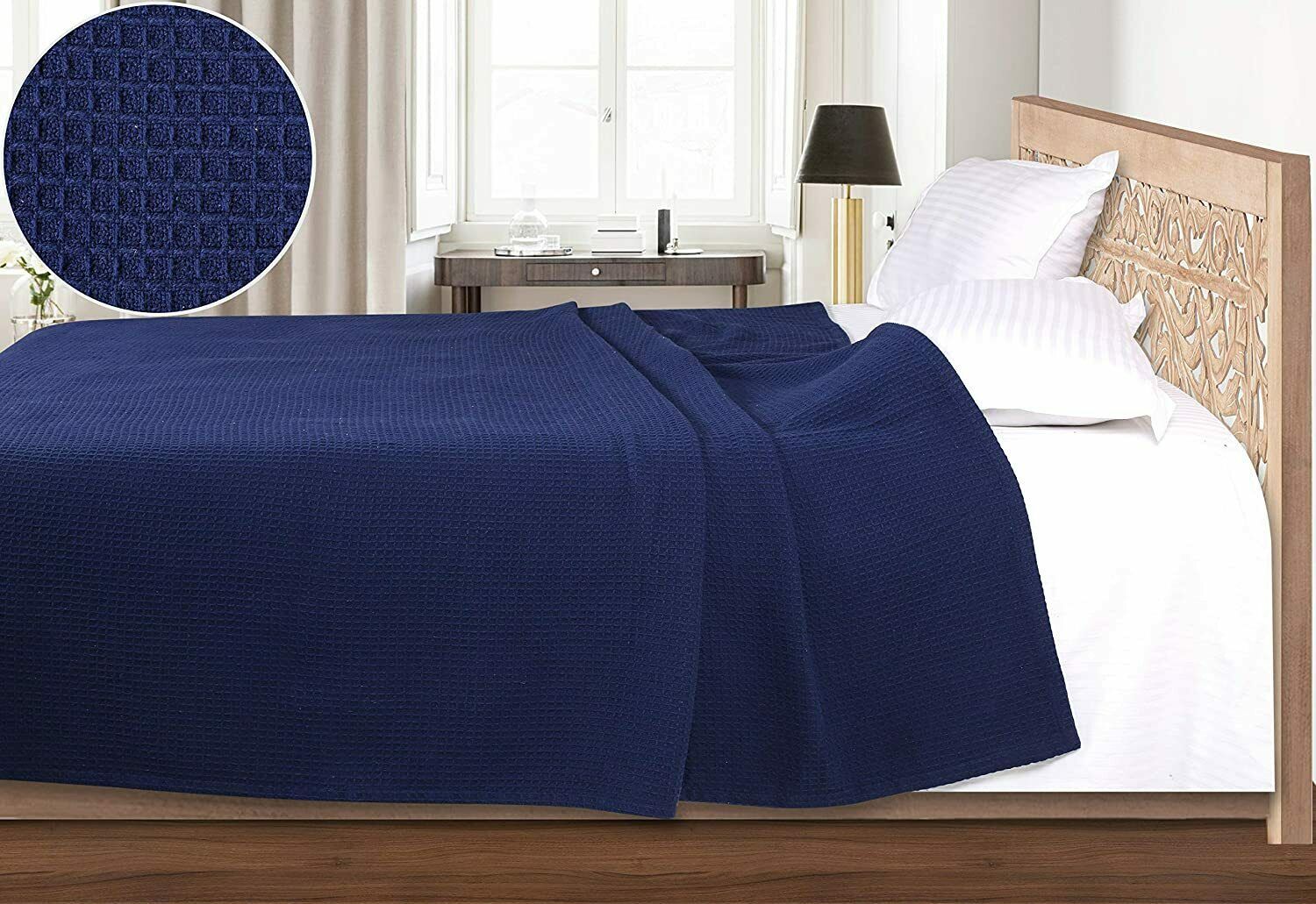 King Waffle Blanket Woven Navy Blue 102" x 90" Home Decor Soft Cotton