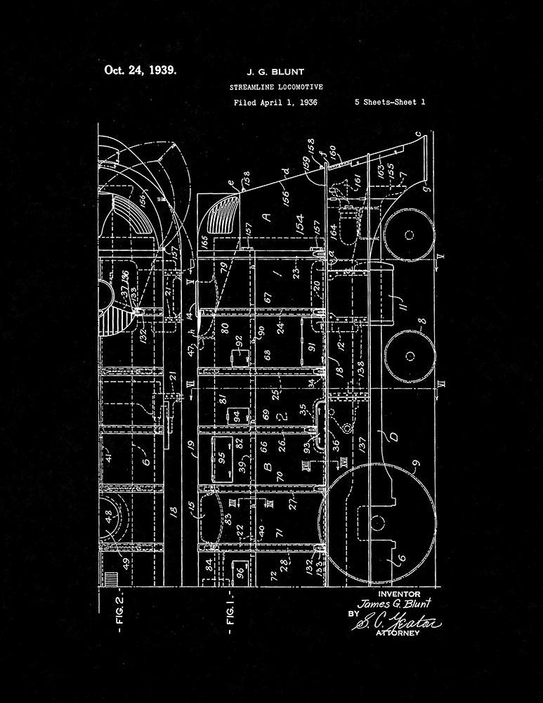 Streamline Locomotive Patent Print - Black Matte