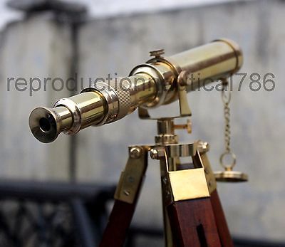 Vintage Brass Spy Glass Desk Telescope Handmade Wooden Tripod Tabletop Telescope