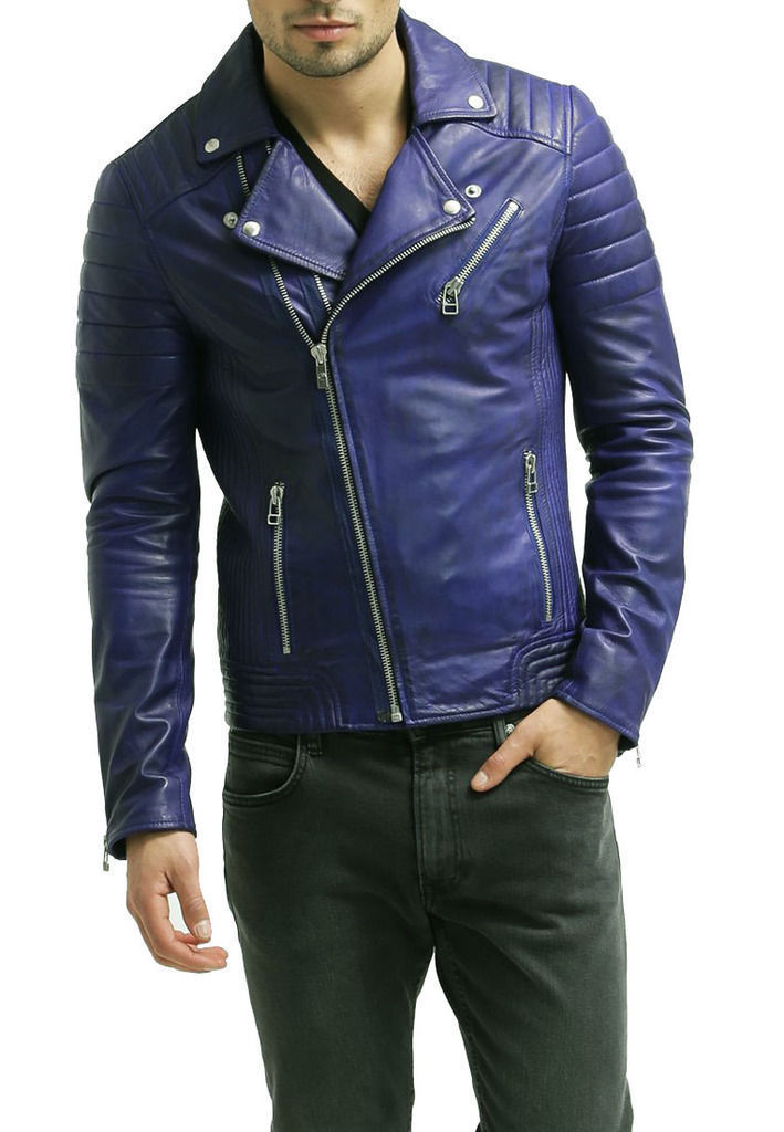 New Men's Genuine Lambskin Leather Jacket, Men Navy Blue Slim ...