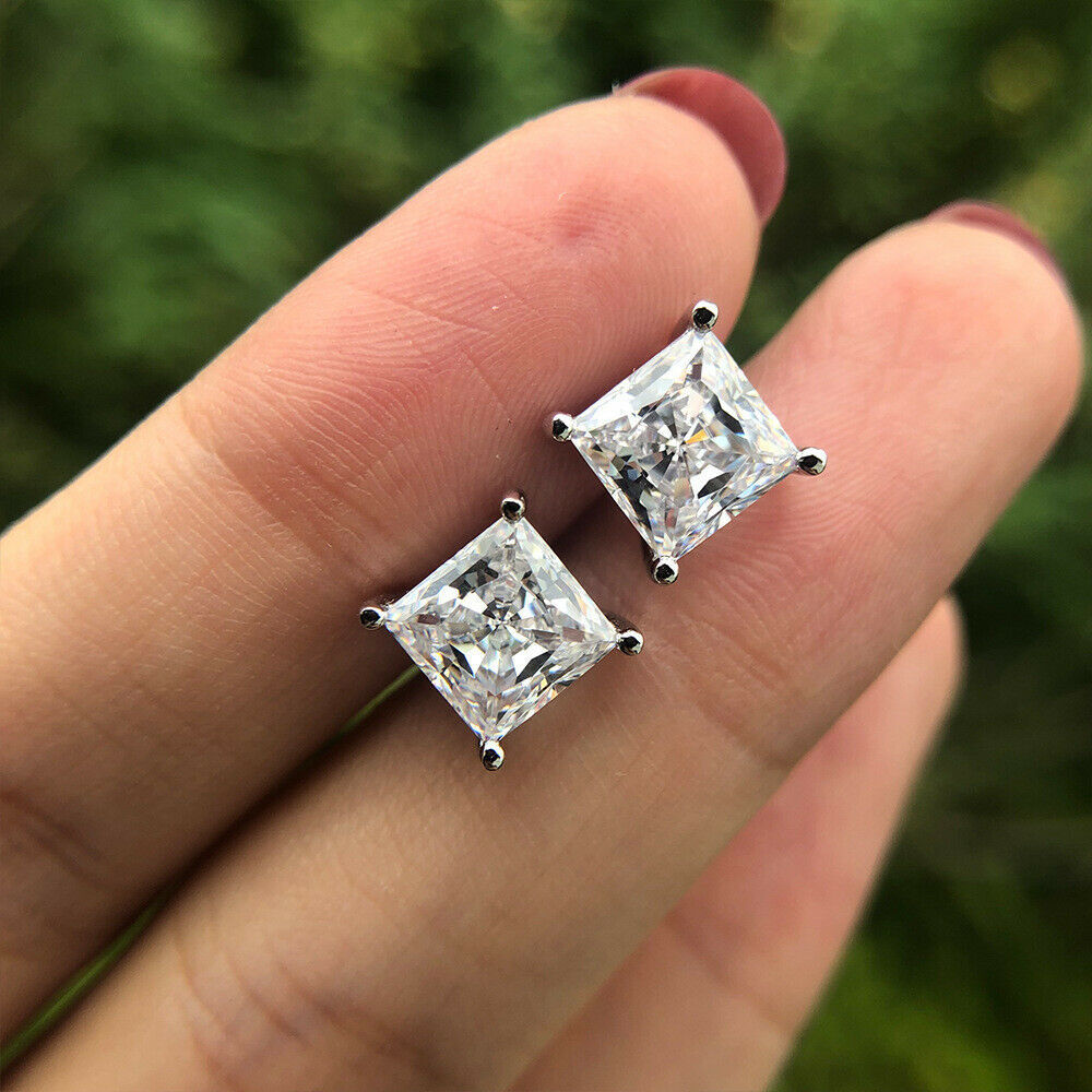 Delicated 3Ct Princess Cut Moissanite Push Back Stud Earrings 14K White ...