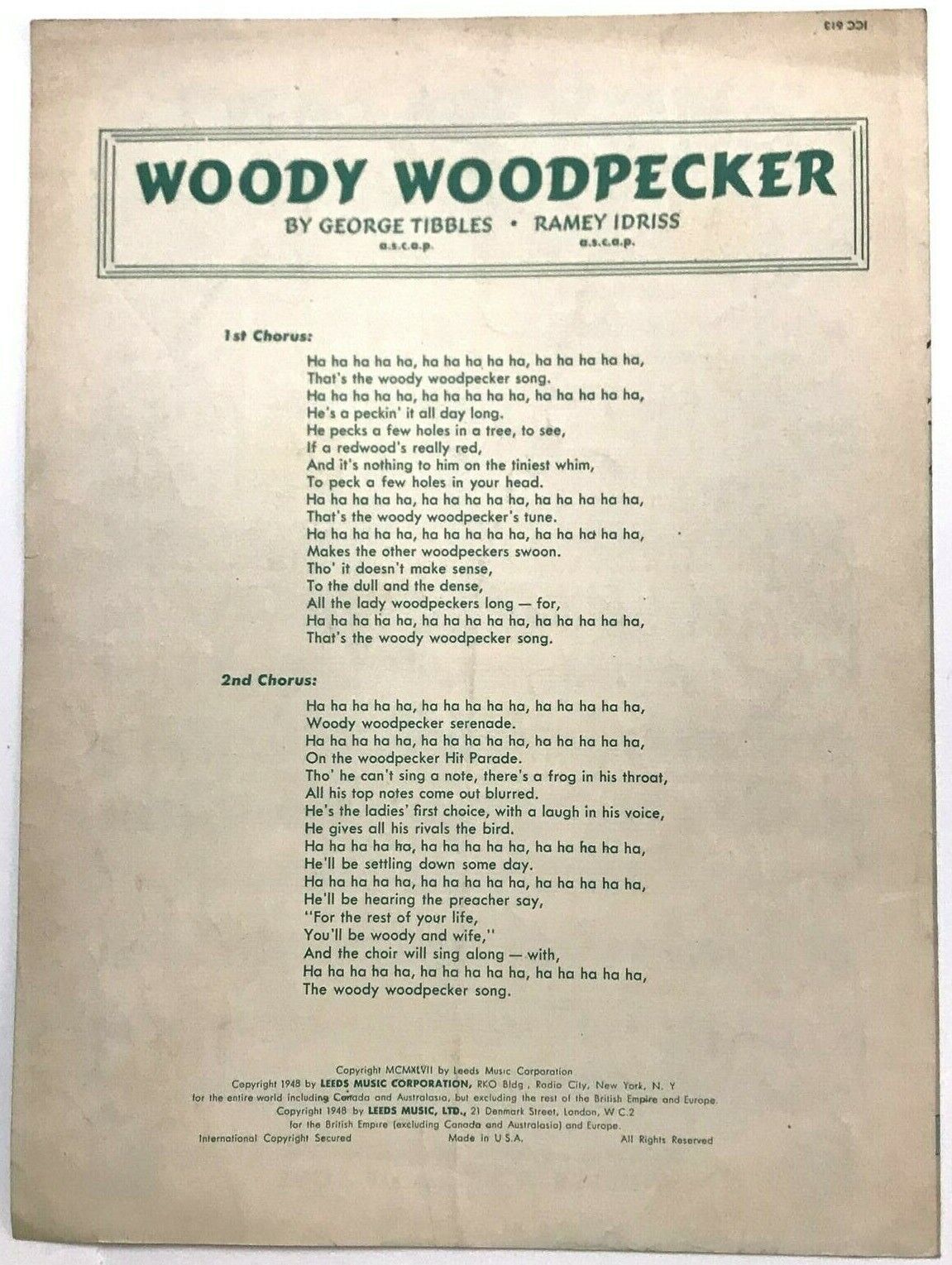 Woody Woodpecker Sheet Music 1948 Recorded by Kay Kyser Leeds Music
