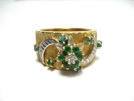 Ladies Vintage Ring 14K Yellow Gold Band with Emeralds and Diamonds Size... - £456.26 GBP