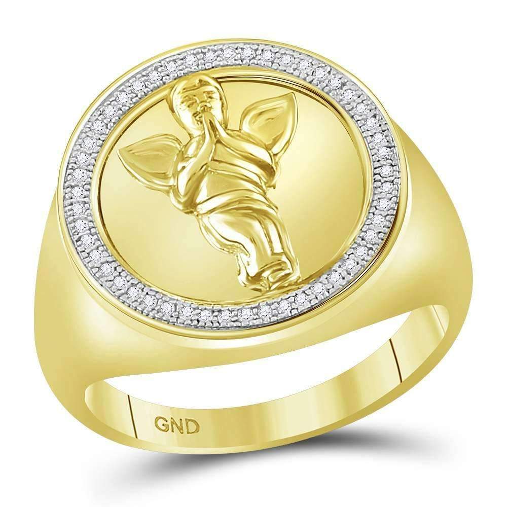 10Kt Yellow Gold Mens Diamond Angel Cherub Circle Frame Ring 1/6 Cttw ...