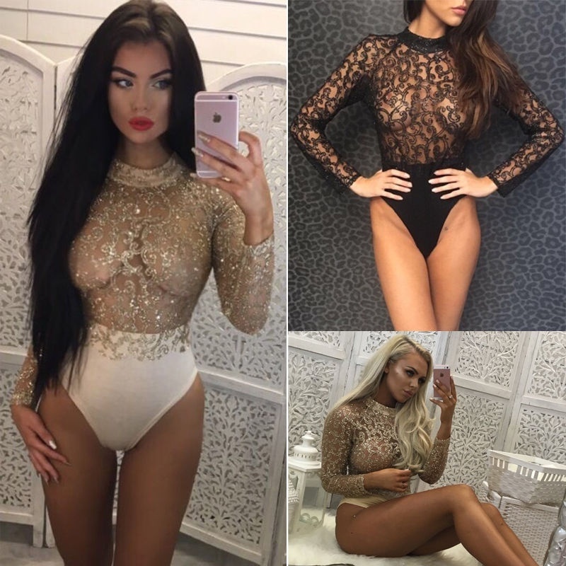 Hot Women Sexy Glitter Long Sleeve Round Neck Bodysuit Sequin Lace Party Club Ju