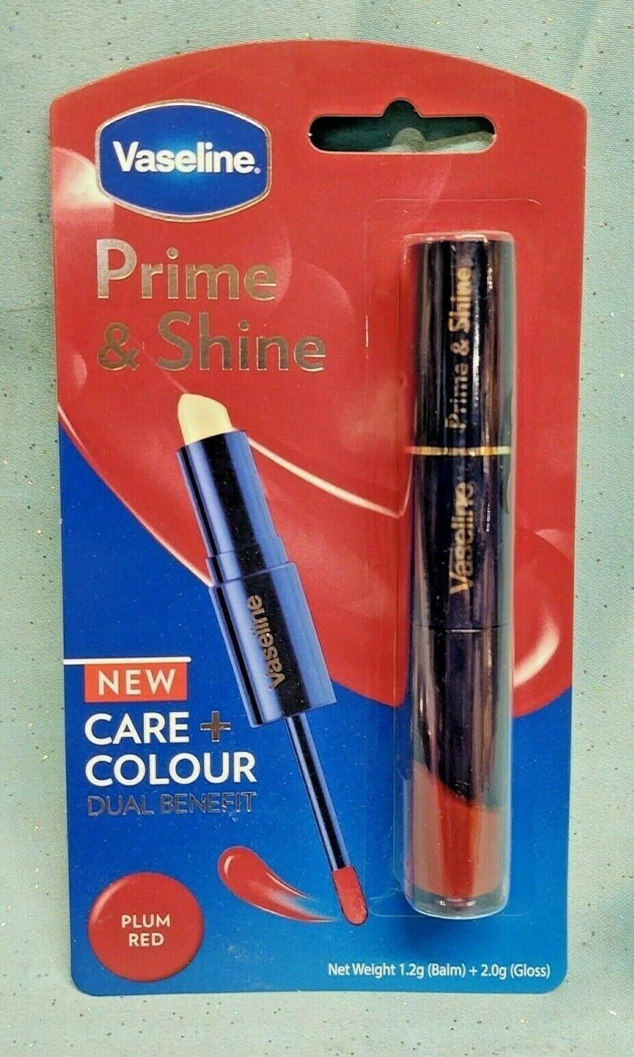 vaseline prime & shine 2-in-1 lip balm primer & colored gloss duo plum red new!!