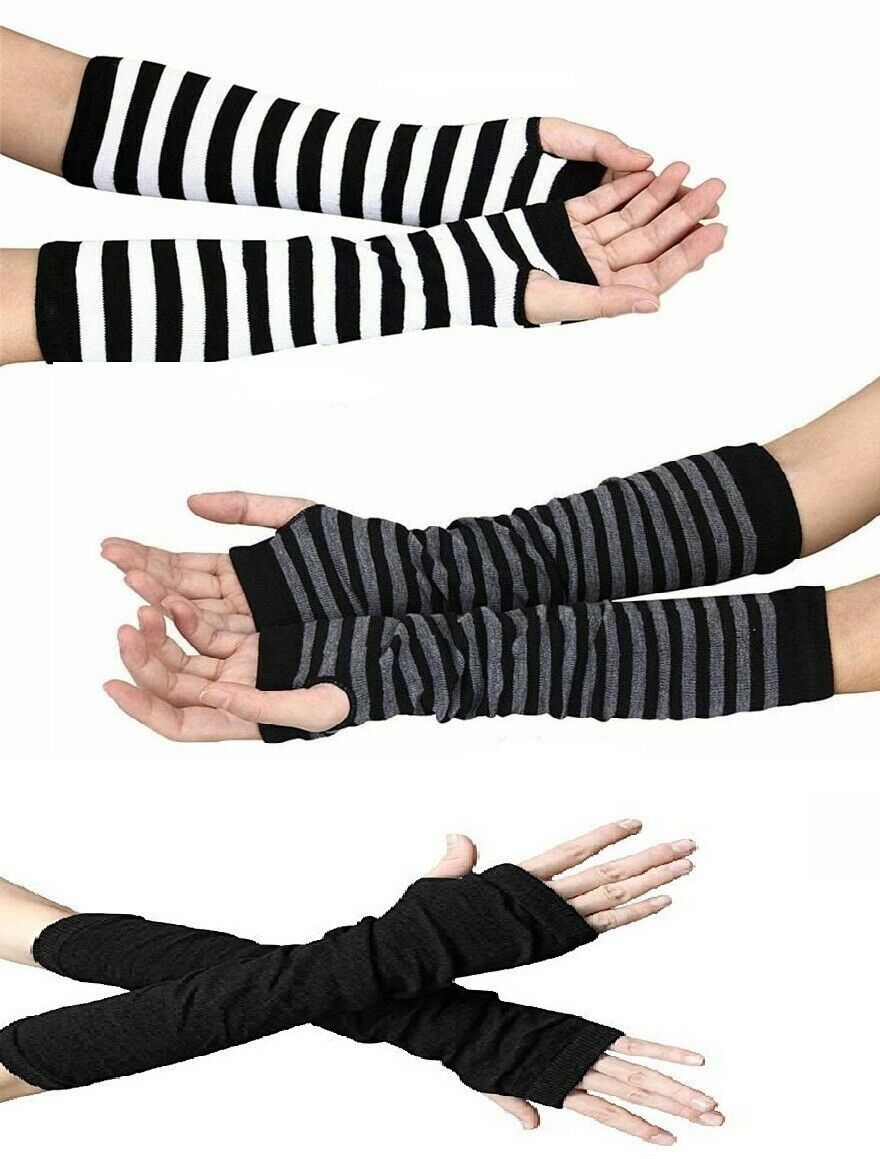 Women Striped Fingerless Wrist Arm Hand warmers Mitten Gloves  Black Gray White