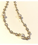 Lorren Bell Long Linked Chain Necklace Gold Tone Pearl And Diamonds - $29.92