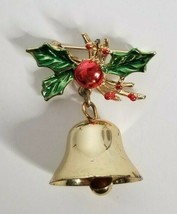 Red Green Leaves Christmas Ringing Bell Vintage Gold Tone Brooch Pin - $11.99