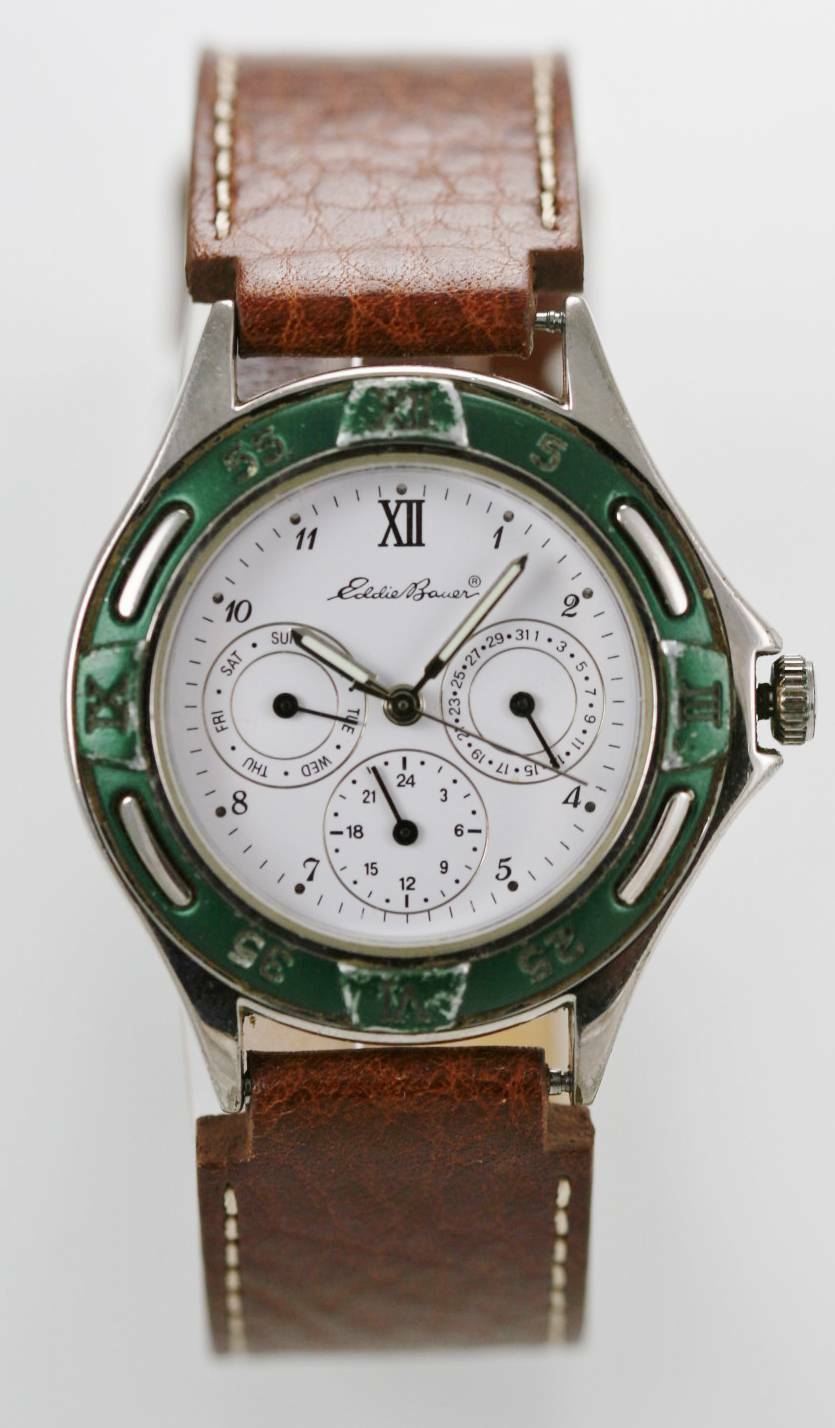 Eddie Bauer Watch Men Day Date 24hr Stainless Silver Brown