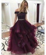 Off the Shoulder Two Piece Organza Prom Dress with Beaded - £140.60 GBP+